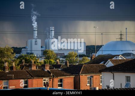 Rain approaching Southampton with Marchwood Power Station and the incinerator standing out against the storm clouds, Southampton, England, UK Stock Photo