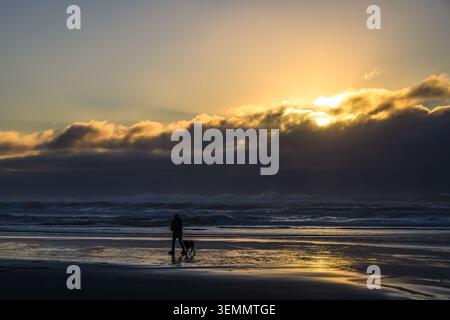 At the end of day as sun sets behind coastal cloud person walks dog on beach at water edge Stock Photo