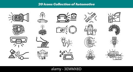 Collection of 20 stylish line icons representing various automotive tools, parts, and maintenance symbols for vehicle repair and car care. Stock Vector
