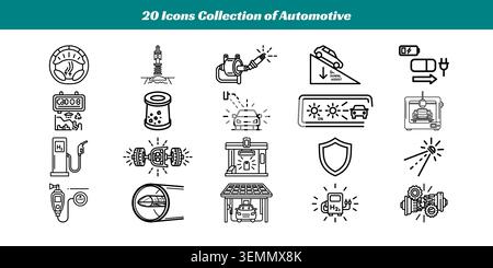 A set of 20 clear and simple vector icons representing essential automotive tools, checks, and safety symbols for vehicles and mechanics. Stock Vector