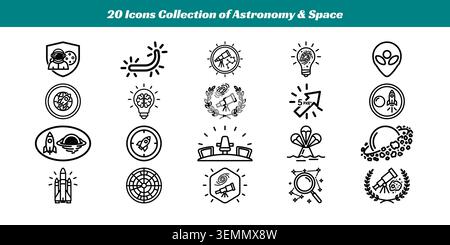 Twenty stylish black and white line icons representing astronomy, space exploration, telescopes, rockets, planets, and scientific discovery. Stock Vector