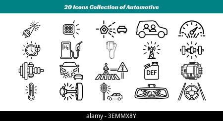 A set of 20 clean, minimalist vector icons representing various automotive warning lights, vehicle functions, and road signs for use in designs Stock Vector