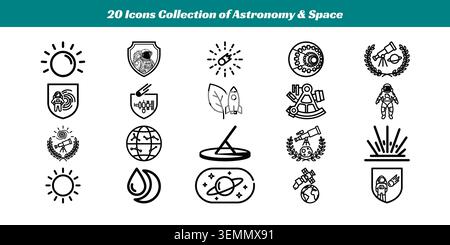 A diverse collection of 20 stylish black and white vector icons representing astronomy, space exploration, planets, rockets, and scientific tools for Stock Vector