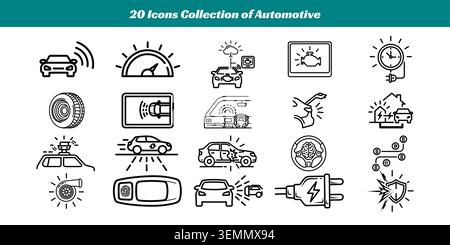 A diverse set of 20 simple, stylish automotive icons depicting car features, tools, and functions perfect for infographics, websites, or presentations Stock Vector