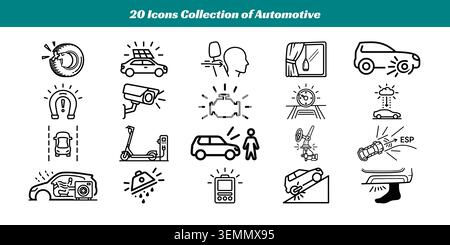 A set of 20 simple, clear vector icons depicting common automotive warnings, functions, and scenarios like tire pressure, traffic cameras, seatbelt re Stock Vector