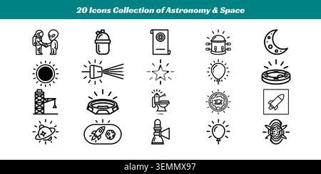 A set of 20 stylized black and white vector icons representing astronomy and space themes, including planets, telescopes, rockets, and celestial bodie Stock Vector