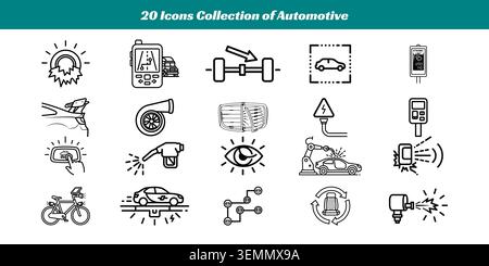 A collection of 20 stylish black and white vector icons representing various automotive tools, symbols, and vehicle parts for maintenance, repair, and Stock Vector