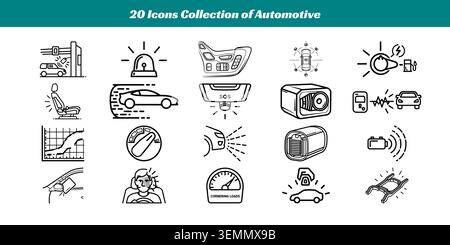A diverse set of 20 vector icons representing various automotive symbols, safety features, and vehicle components perfect for infographics or presenta Stock Vector