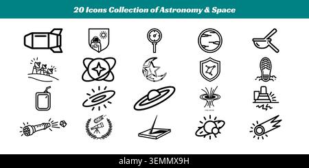 A clean and stylized set of 20 black and white icons representing various astronomy and space-related symbols, perfect for educational or design proje Stock Vector
