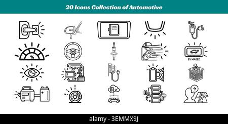 A set of 20 clean, black and white line icons representing various automotive tools, parts, and maintenance tasks, perfect for infographics or website Stock Vector