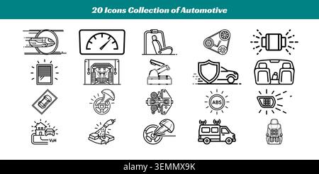 A set of 20 simple, clean, flat-style icons representing various automotive tools Stock Vector