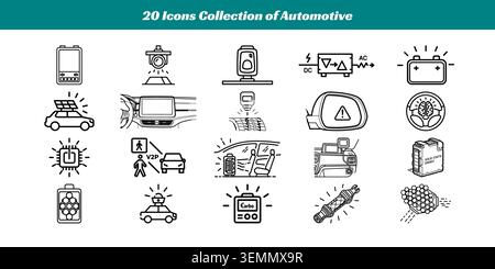 A stylish set of 20 hand-drawn icons representing automotive electronics, including car systems Stock Vector