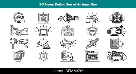 A set of 20 vintage-style icons illustrating various automotive tools and maintenance tasks, perfect for automotive websites, manuals, or instructiona Stock Vector