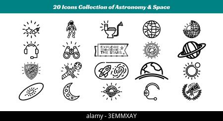 A stylish set of 20 black and white vector icons representing space exploration Stock Vector