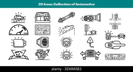A diverse set of 20 stylish black and white vector icons illustrating various automotive elements like car parts, dashboard symbols, and vehicle tools Stock Vector