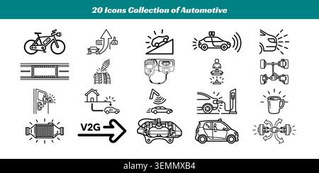 A diverse set of 20 stylized icons representing various aspects of automotive and transportation themes, including vehicles, charging, tools, and ener Stock Vector