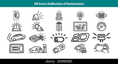 A diverse set of 20 clean and simple automotive icons representing common warning lights, indicators, and symbols used in vehicles for alerts and noti Stock Vector