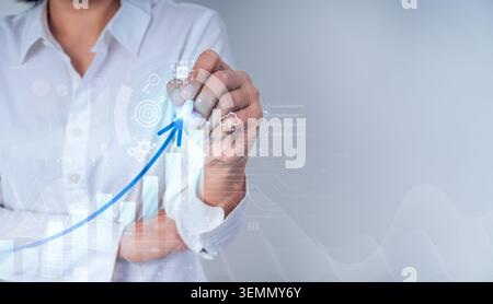 Businesswoman analyzing digital growth chart with AI technology,  data analytics interface. Concept of business growth, KPI performance, financial suc Stock Photo