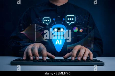 Business professional using AI assistant chatbot interface with data analytics dashboard and automation technology. Artificial intelligence productivi Stock Photo