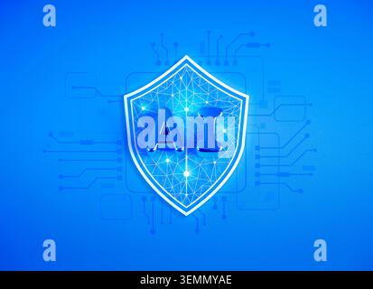 AI security shield with digital network protection and cybersecurity technology, blue background. Concept of enterprise AI security, data protection, Stock Photo