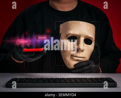Cybercriminal holding mask with AI voice scam interface and digital identity manipulation concept. Voice cloning, deepfake crime, impersonation fraud, Stock Photo