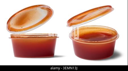 open small plastic red tomato sauce containers isolated white background, clear disposable portion cups with lids up, takeaway condiment packaging Stock Photo