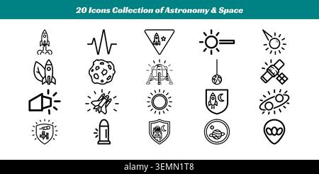 A diverse set of 20 clean, minimalist vector icons representing key elements of astronomy and space exploration Stock Vector