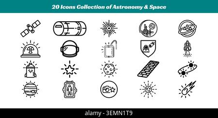 A set of 20 clean, minimalist vector icons representing various elements of astronomy and space exploration, perfect for educational or decorative use Stock Vector