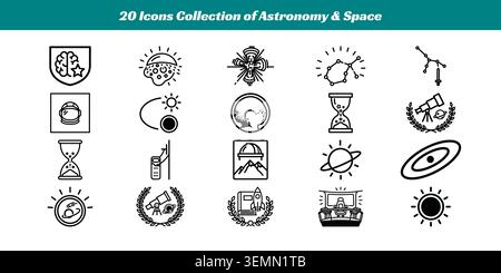 A collection of 20 stylish black and white vector icons representing astronomy, space, planets, telescopes, and celestial events for education Stock Vector