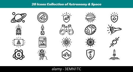 A diverse set of clean line art icons representing space exploration, astronomy tools, planets, rockets, and celestial objects for education Stock Vector