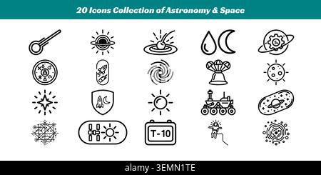 A set of 20 clean and stylish vector icons representing various astronomy and space elements, perfect for educational or decorative use. Stock Vector