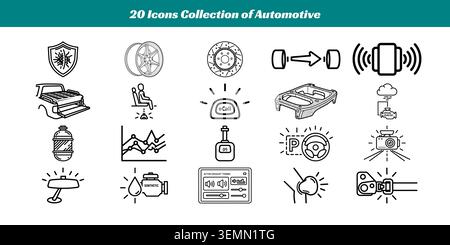 A set of simple vector icons illustrating various automotive safety, technology, and maintenance features in a clean, minimalist style. Stock Vector