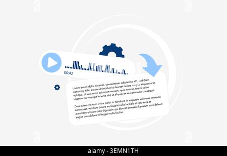 Audio transcription with speech to text conversion and automated document creation. Transform voice recordings into searchable content using intelligent transcription technology vector illustration. Stock Vector