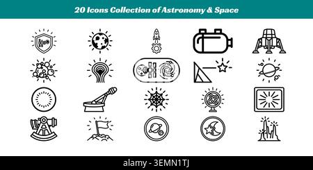 A diverse set of 20 clean, black and white vector icons representing astronomy, space exploration, celestial bodies, and scientific tools Stock Vector
