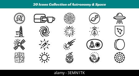 A set of 20 minimalist, clean line-drawn icons representing various astronomy and space elements like planets, telescopes, rockets, and more. Stock Vector