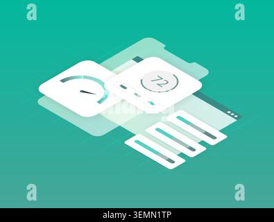 Performance optimization with isometric settings controls and application configuration interface. Adjust system parameters, manage efficiency levels, customize software behavior vector illustration. Stock Vector