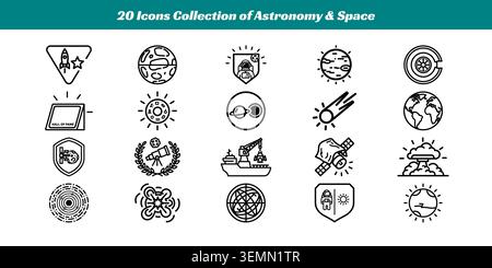 A set of 20 clean and stylish vector icons representing astronomy, space exploration, planets, telescopes, rockets, and celestial objects for educatio Stock Vector