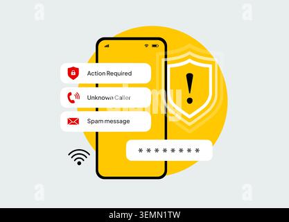 Mobile scam protection with spam detection, phishing prevention and unknown caller alerts. Block fraudulent messages, secure accounts and reduce social engineering risks vector illustration. Stock Vector