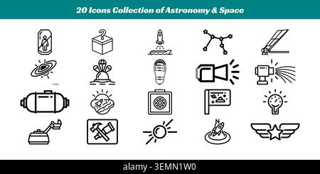 A diverse set of flat-style icons representing key elements of astronomy and space exploration, including planets, telescopes, rockets, and astronauts Stock Vector