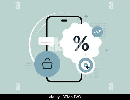 Mobile discount campaign with ecommerce promotion and conversion focused offers. Drive sales, increase purchase intent, support customer acquisition through promotional marketing vector illustration. Stock Vector