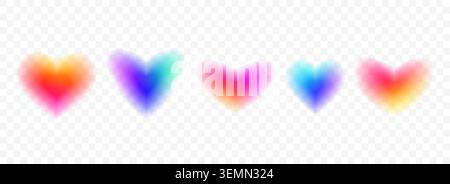 Y2k blurred gradient hearts set. Bright blur aura shape collection. Colorful fading abstract elements for poster, template, badge, sticker, collage, leaflet. Vector iridescent smooth heart pack Stock Vector