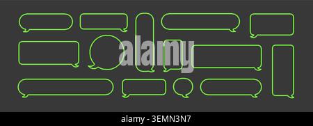 8 bit acid green different geometric chat balloons. Communication set for message or conversation box. Flat pixel art black background Stock Vector