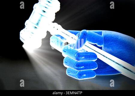 Side view of a robotic hand holding a judge's gavel illuminated by futuristic light. Conceptual image representing artificial intelligence, digital ju Stock Photo