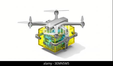 3D Isometric Autonomous AI Delivery Drone, Electric Yellow Glass Cargo Quadcopter, Isolated on White Stock Photo