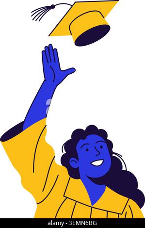 Joyful graduate in a yellow gown reaches to catch a yellow graduation cap. Ideal for academic success, milestone, and educational achievement themes. Stock Vector