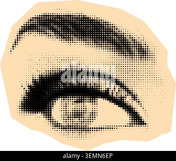 High contrast halftone dot pattern of a single eye with dramatic lashes, defined brow, and visible iris. Ideal for beauty campaigns, makeup ads, or re Stock Vector