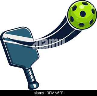 Vibrant illustration of a pickleball paddle striking a perforated ball. Ideal for sports, recreation, or pickleball themed design projects. Stock Vector
