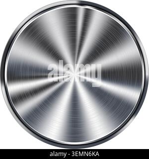 Circular silver metallic button with radial brushed textures. Metallic silver round button. Ideal for design elements, UI components, or decorative as Stock Vector