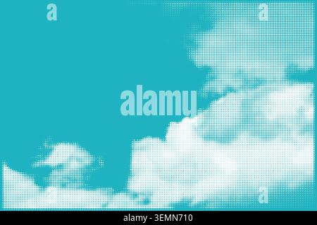 Halftone illustration of clouds on a blue sky background. Vibrant blue sky with white halftone dot style clouds created using dot patterns, perfect fo Stock Vector