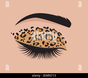 Stylized eye illustration featuring a bold leopard print pattern on the eyelid, with defined lashes and brow. Ideal for beauty, fashion, or creative m Stock Vector